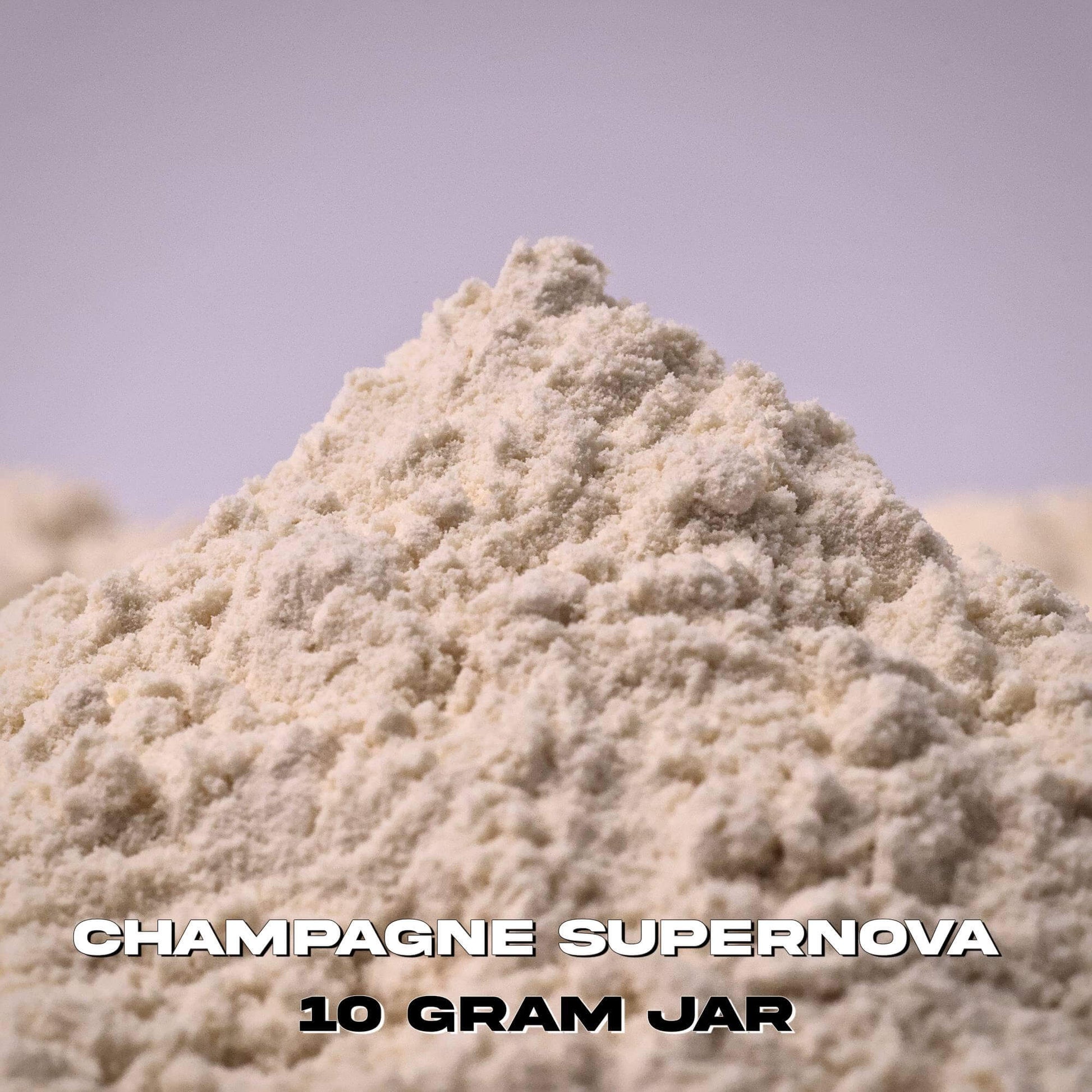 Close-up of a pile of white 7-oh powder with 'Champagne Supernova' and '10 Gram Jar' text.