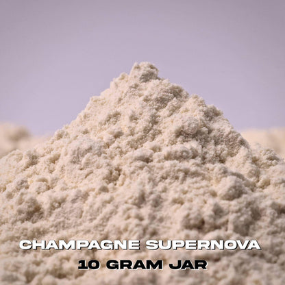 Close-up of a pile of white 7-oh powder with 'Champagne Supernova' and '10 Gram Jar' text.
