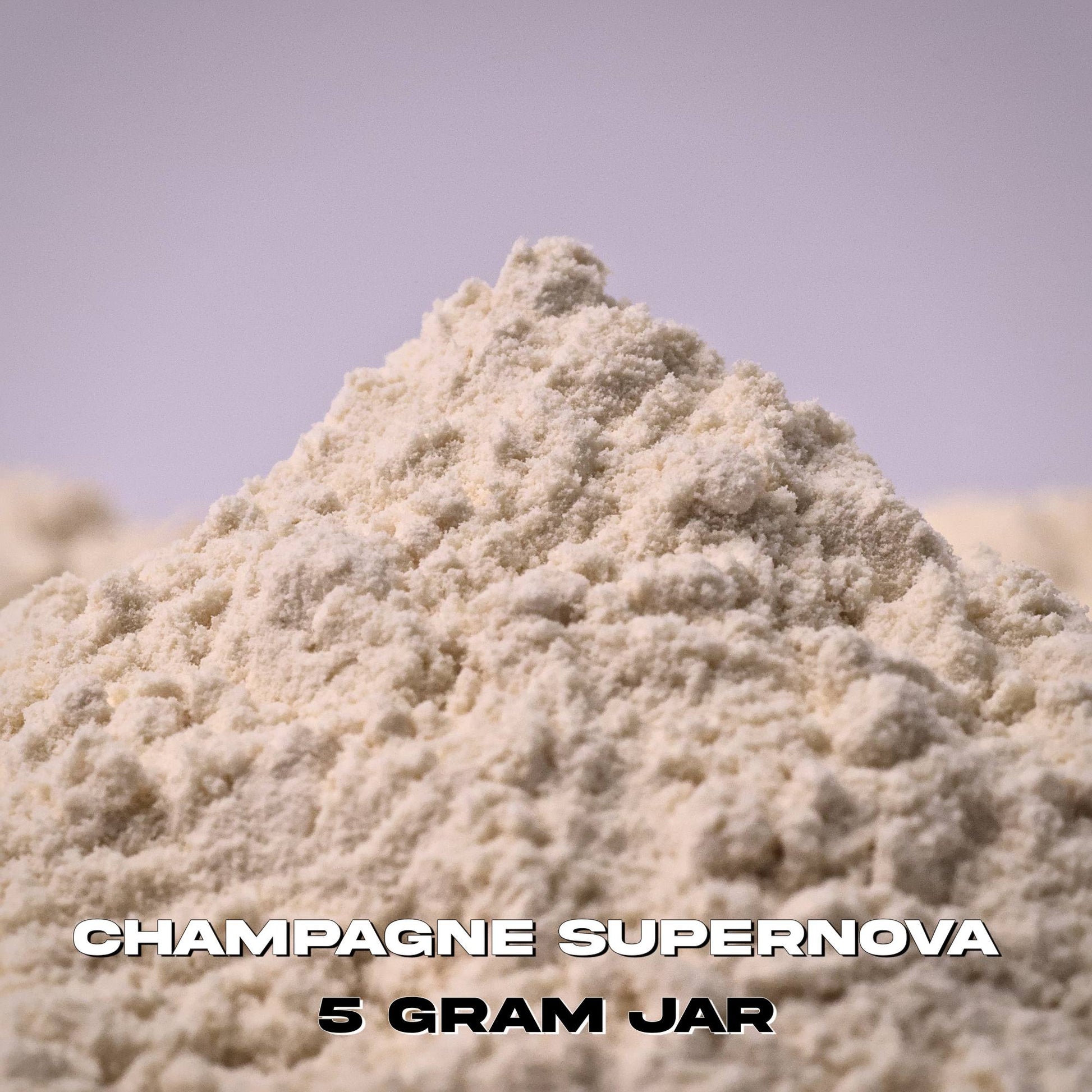 Close-up of a pile of white 7-oh powder with 'Champagne Supernova' and '5 Gram Jar' text.