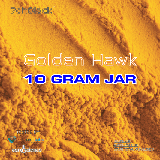 Yellow 7-oh powder with 'Golden Hawk 10 Gram Jar' text and branding on a yellow background