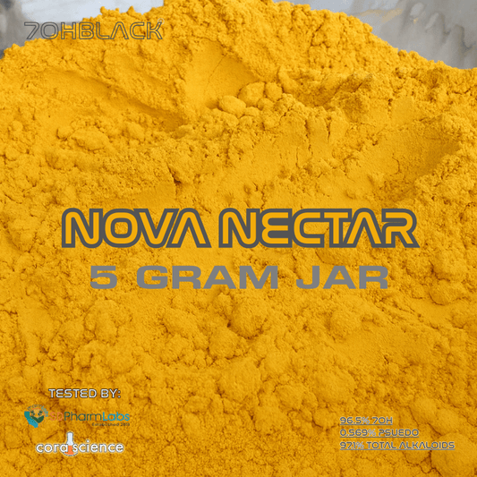 Yellow 7-oh powder in a 5 gram jar with 'Nova Nectar' branding and product details.