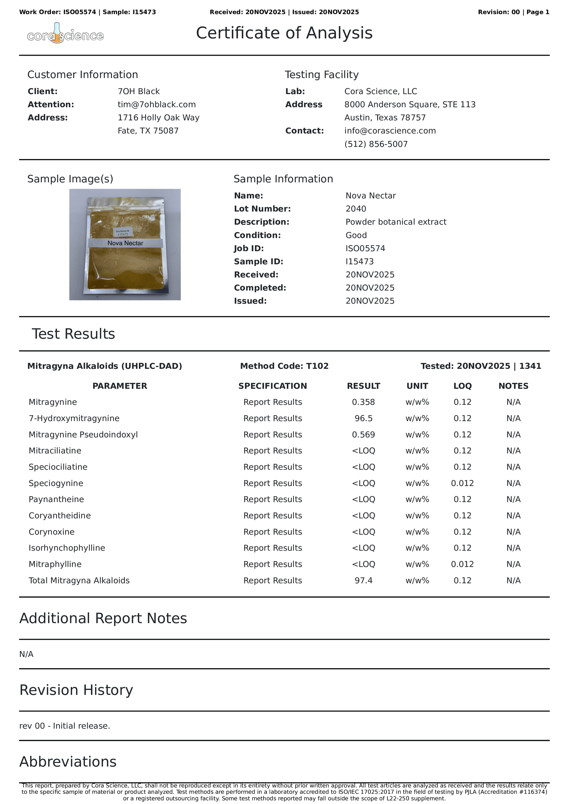 Certificate of Analysis for a sample with test results and details.