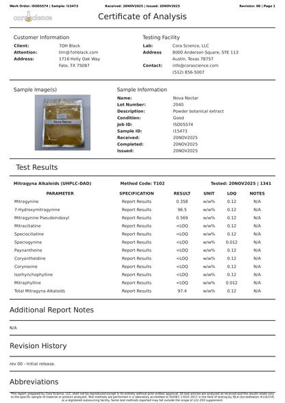 Certificate of Analysis for a sample with test results and details.