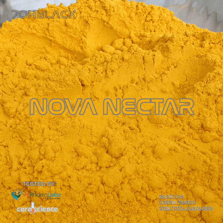 Yellow 7-oh powder with 'Nova Nectar' branding and test results on a gray background
