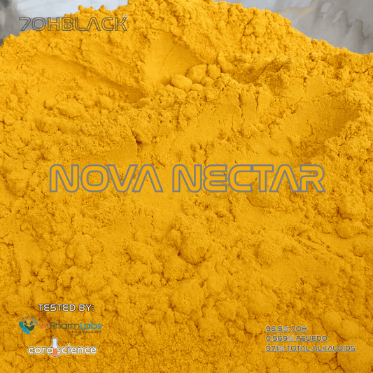 Yellow 7-oh powder with 'Nova Nectar' branding and test results on a gray background